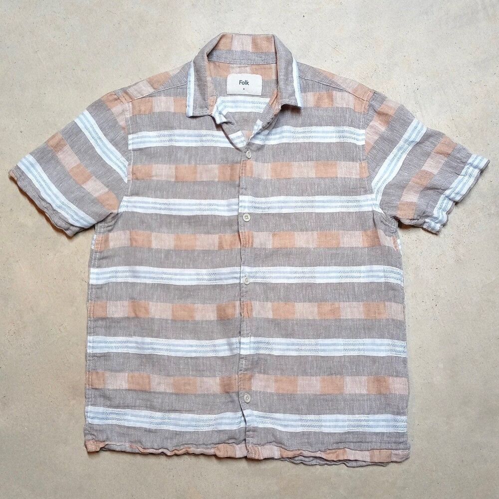 Folk Linen Blend Short Sleeve Button Shirt Men's Size Small